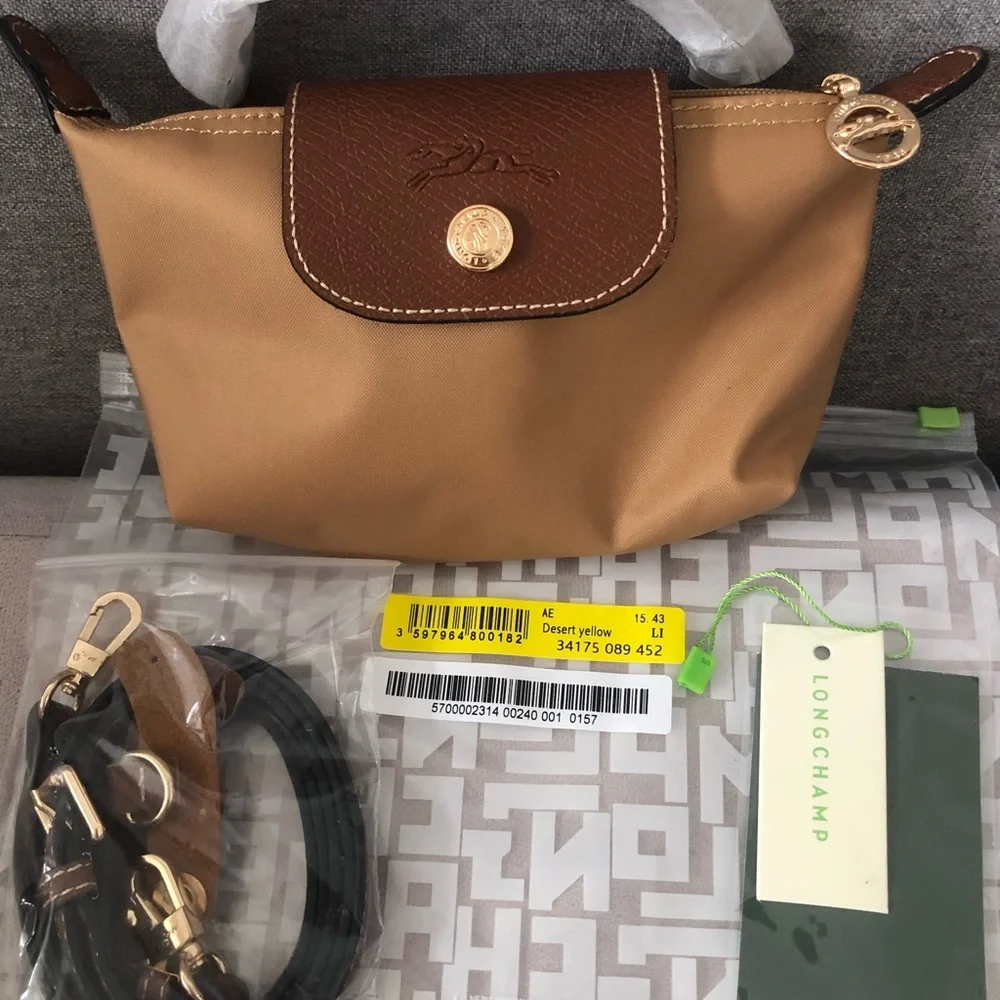 Longchamp Desert Yellow Nylon Cosmetic Pouch with Brown Trim